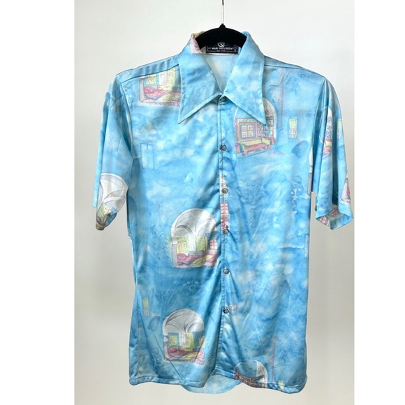 VINTAGE 1970S VAN HEUSEN PRINTED NYLON SHIRT in Sky Blue-Size Mens Small - Picture 13 of 13